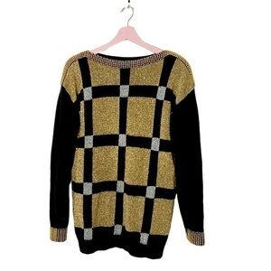 Vintage 90s sweater abstract beaded‎ gold metallic knit long sleeve Small disco